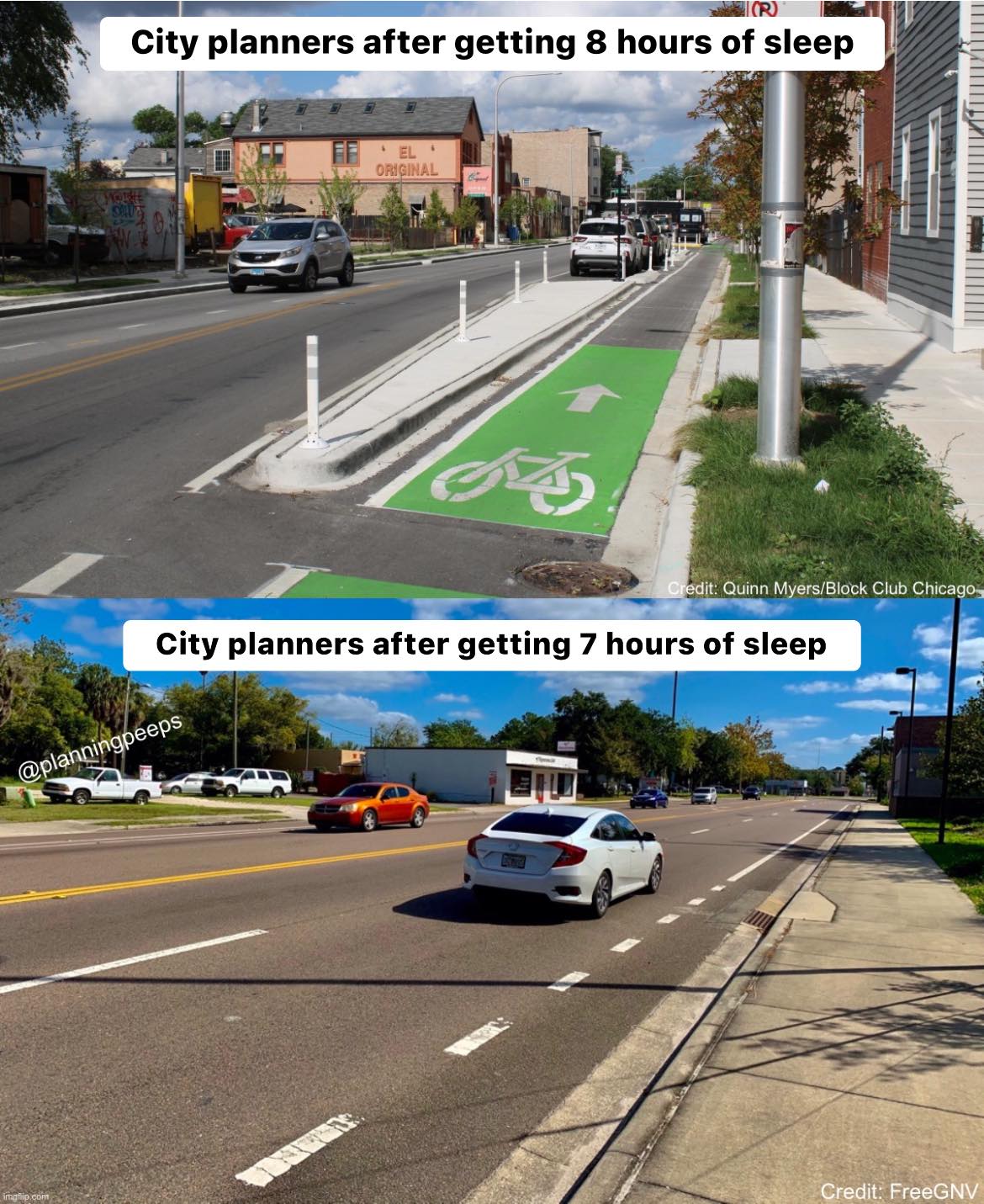 Okay, let's break down this image/meme through several critical lenses. **Visual Description** The image is a side-by-side comparison, presented as a meme. Both sections depict a street scene in a North American urban...