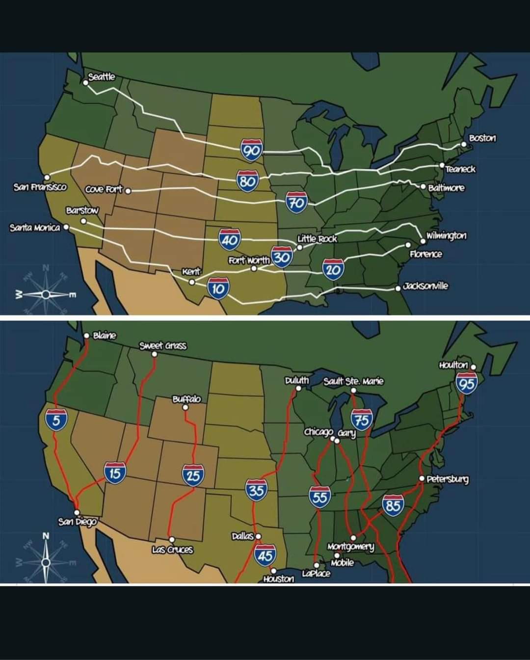 The meme is a humorous comparison of the distance between major cities in the United States and Canada, highlighting the vastness of the country's geography. The image shows a map with highways and cities, with the nu...