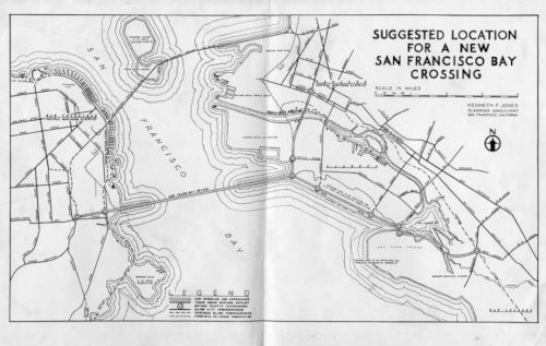 This image presents a whimsical topographic map titled "Suggested Location for a New San Francisco Bay Crossing," humorously depicting an urban planning project that would likely require complex engineering to fit roa...