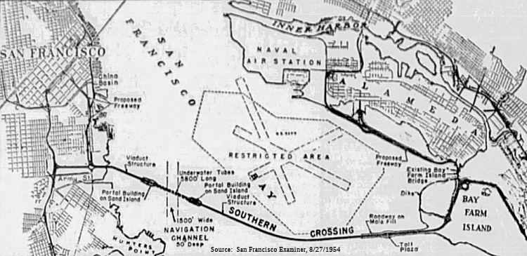 This historical map from 1954 functions as a satirical "urbanism meme" because it presents San Francisco with such an overwhelming amount of technical and infrastructural text—like "Naval Air Station," "Proposed Freew...