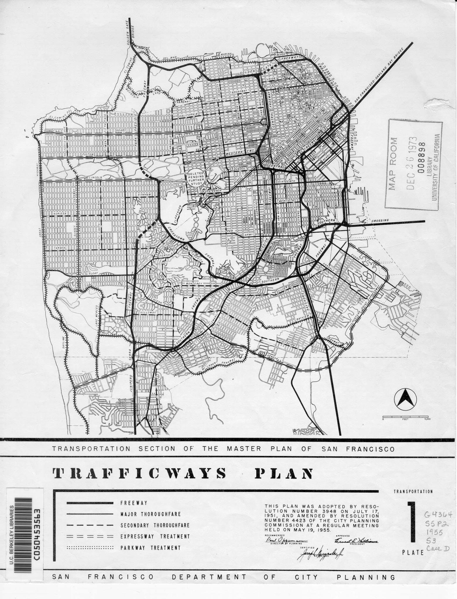 This 1973 traffic plan from the University of California Library humorously exaggerates San Francisco's urban infrastructure, showing how a single block of concrete was filled with hundreds of heavy lines representing...