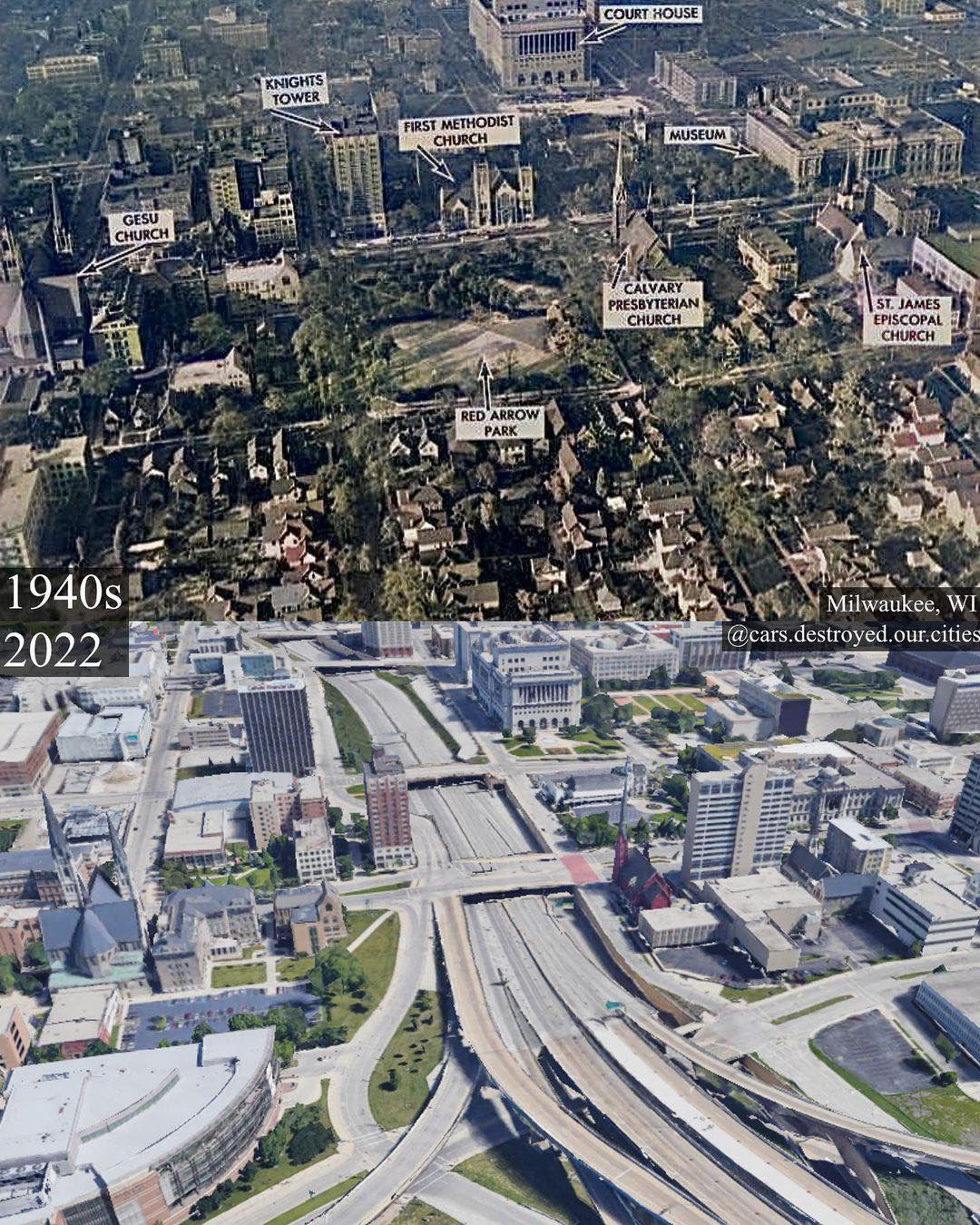 Okay, let's break down this comparative aerial view of Milwaukee, WI, from the 1940s to 2022 using the requested theoretical frameworks. It's a rich image lending itself to multiple analyses. **Please note:** These an...