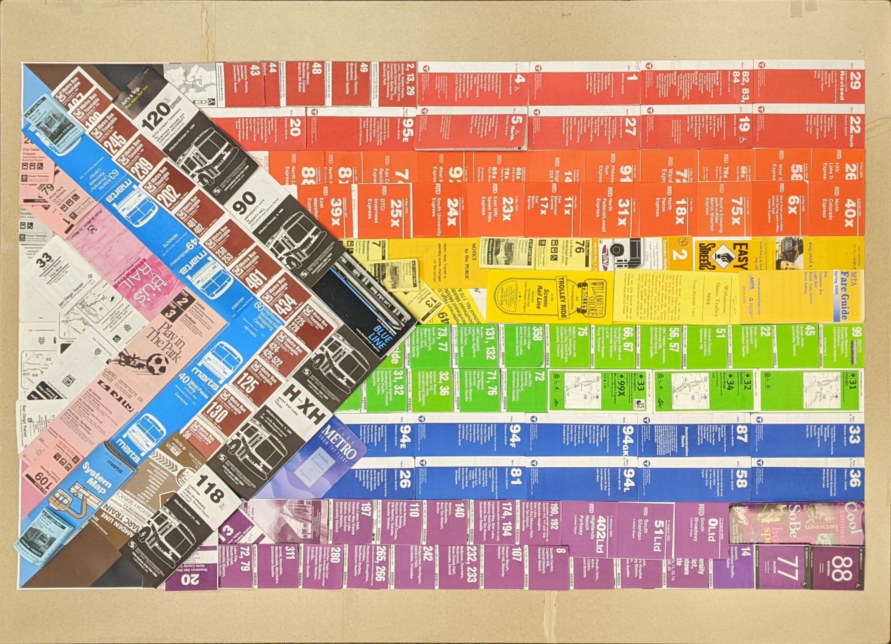 Okay, let's break down this image of a densely layered collection of transit ads, using the requested theoretical lenses. It's a rich visual text, ripe for analysis. ## Visual Description The image depicts a large, fl...