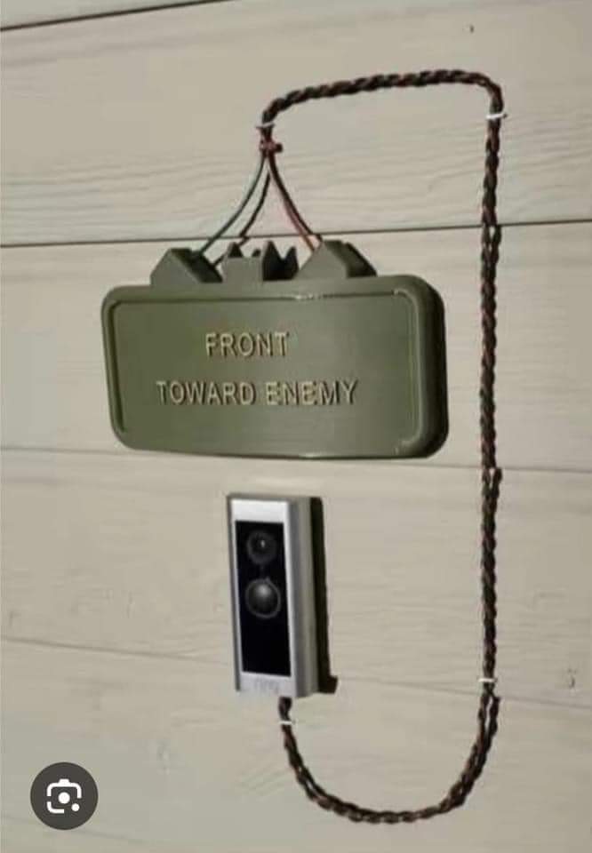 This meme is a humorous representation of the "front door" of a building, but with a twist. The image shows a sign that reads "Front Toward Enemy" (a military term for a strategic position) attached to a door, implyin...