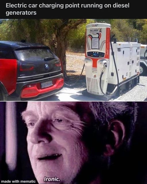 Here's an analysis of the image, broken down into relevant theoretical sections, as requested. **Visual Description** The image is a two-panel meme. The top panel shows a black electric vehicle (likely a Volkswagen e-...