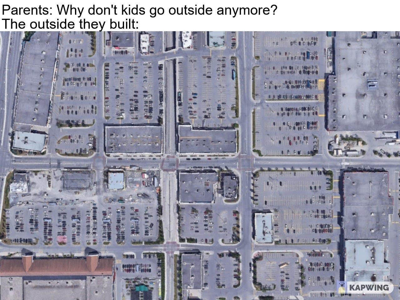 Okay, let's break down this image and its accompanying text ("Parents: Why don't kids go outside anymore? The outside they built.") through a series of theoretical lenses. **Visual Description** The image is an aerial...